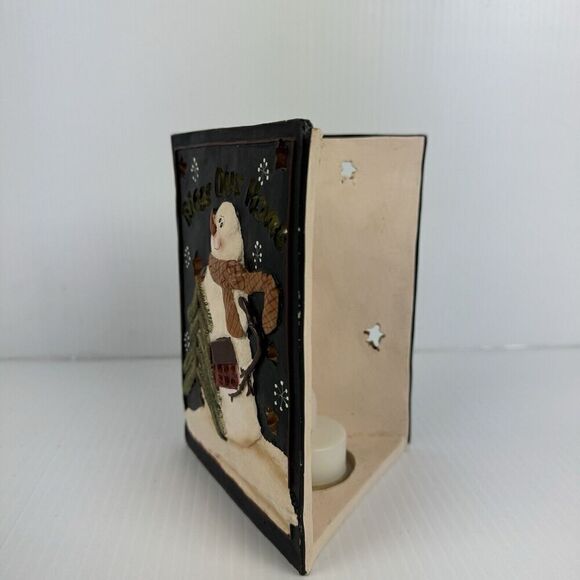 Vintage Crazy Mountain Bless Our Home Snowman Ceramic Tea Light Candle Holder - Picture 3 of 10
